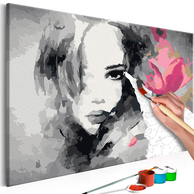 Paint By Numbers Kit - Black & White Portrait With A Pink Flower