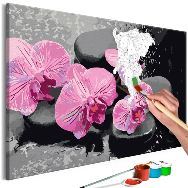 Paint By Numbers Kit - Orchid With Zen Stones (Black Background)